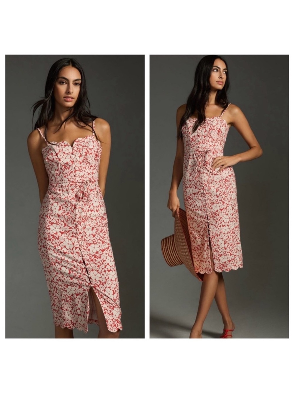 Anthropologie Red and White Floral Midi Dress Size 14